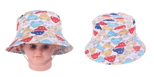 Detail of kids bucket hat with colorful car print and white adjustable chin strap