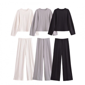 Haut À Col Rond Et Manches Longues Et Pantalon Large Pour Femmes Polyester Aspect Satin Plissé Fendu Décontracté