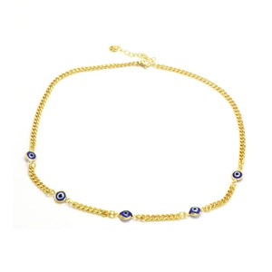 Detail of gold evil eye necklace with five blue enamel pendants and adjustable lobster clasp