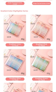 Detail view showing assorted gradient highlighter sets with 16cm pens and 88g weight