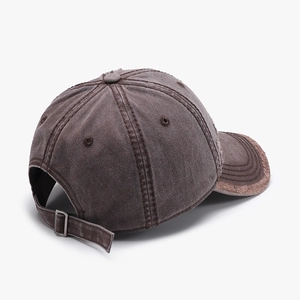 Washed brown distressed baseball cap with 3D embroidery and adjustable strap