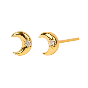 S925 silver needle crescent moon stud earrings with sparkling cubic zirconia in gold