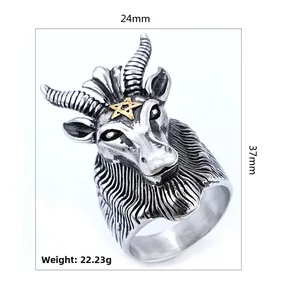Close-up of vintage punk ram head ring with golden pentagram and aged silver finish