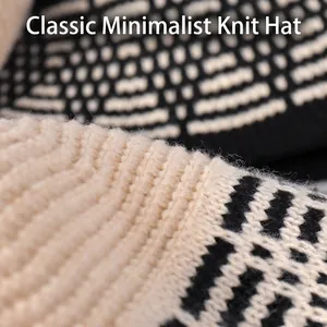 Women's autumn winter knit bucket hat with black and white diamond texture pattern
