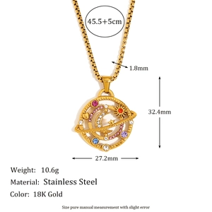 18K gold plated stainless steel compass pendant necklace with colorful zircon stars