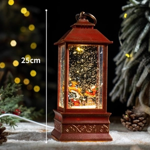 Lanterna natalizia rossa con neve a LED e decorazioni festive, altezza 25 cm