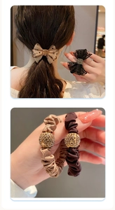Detail of polka dot bow hair scrunchies and large sparkling crystal ball elastic hair ties