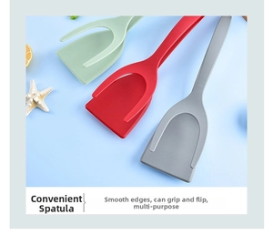 Close-up of heat-resistant nylon 2-in-1 spatula and tongs in green, red, and grey colors