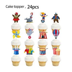 24-piece set of circus-themed cupcake toppers with colorful cartoon animal characters