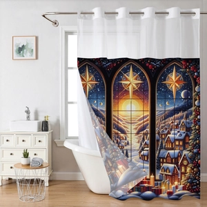 Detail of Christmas theme shower curtain with gothic window print and metal grommets
