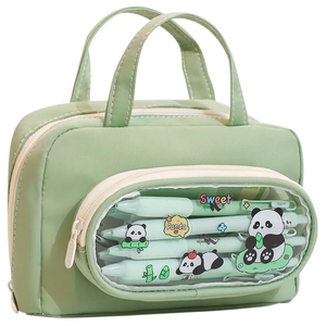 Large capacity mint green pencil case with panda window and sturdy carry handles