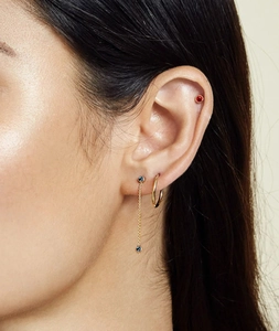 Detail showing a gold tassel earring with blue turquoise and a red gemstone ear cuff