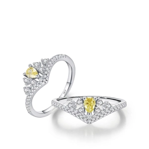925 Sterling Silver Crown Ring Pear Cut Yellow Zircon Water Drop V Shape Elegant Fashion Jewelry For Women