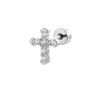 Cross cartilage stud earring with micro-pave cubic zirconia and secure screw back design