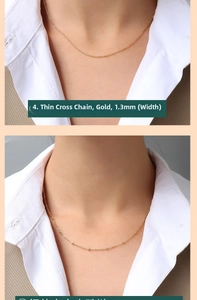 Close-up of 1.3mm 18K gold plated stainless steel cross chain and bead necklace