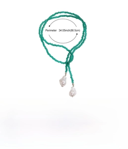 Green crystal beads necklace with baroque pearl charms and detailed dimensions 34.05 inches
