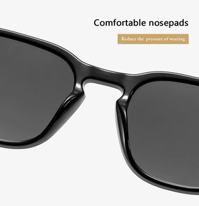Detail of comfortable integrated nose pads on black frame sunglasses to reduce pressure