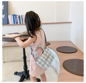 Blue and white plaid kids canvas crossbody bag with red letter embroidery detail