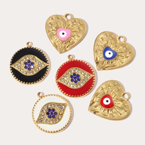 Evil eye heart and round pendants in gold stainless steel with colorful enamel inlays