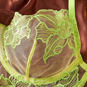 Detailed macro shot of fluorescent green lace embroidery on a sheer mesh bra