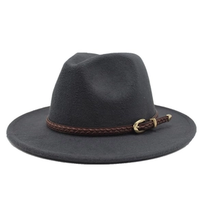 Close-up of the dark grey wool fedora hat with a woven brown leather band and gold buckle