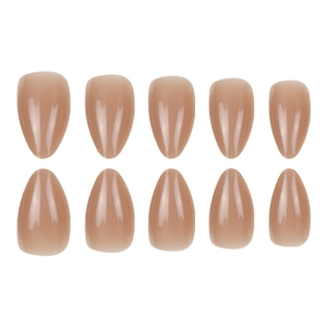 Glossy nude almond-shaped press-on nails set in minimalist solid color style