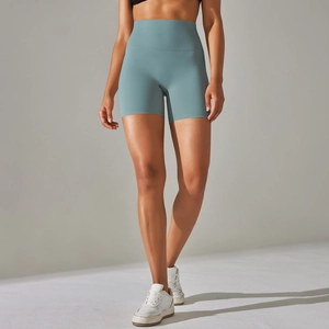 Macro detail of high-waisted seamless fitness shorts in morandi blue yoga fabric
