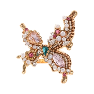 French vintage butterfly ring with pink waterdrop diamonds and pearls in gold finish