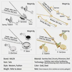 Detailed view of four stainless steel butterfly and clover jewelry sets with dimensions