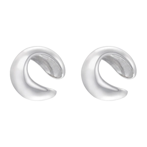 Pair of polished silver minimalist C-shaped ear cuffs on a clean white background