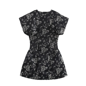 Vintage Jacquard Rose Mini Dress Short Sleeve High Waist A-Line Elegant Socialite Style Back Zipper For Women