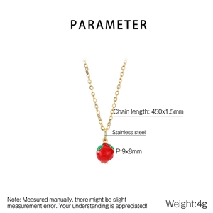Close-up of stainless steel gold chain with red mangosteen fruit pendant and size details
