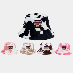 Bucket Hat Plush Cow Print With Retro Radio Embroidery Patch Winter Warm Faux Fur Thickened Pot Hat For Women Streetwear