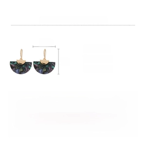 Detail view of fan-shaped abalone shell earrings with alloy hooks and dimension labels