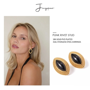 French vintage 18k gold plated stainless steel black onyx marquise stud earrings