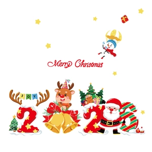 Cartoon Christmas stickers with Santa, reindeer, snowman, and Merry Christmas text