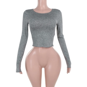 Detail view of grey knit texture and round neckline on long sleeve cropped top