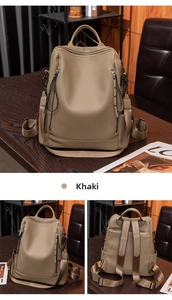 Detail of khaki leather backpack with lychee grain texture and metal rivet accents