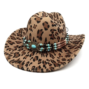 Classic western cowboy hat with leopard print and turquoise beaded band in felt material