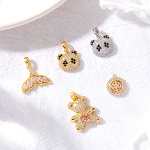 14K Gold Plated Copper Cubic Zirconia Animal Pendant Cute Panda Bear Fish Tail Charm For DIY Jewelry Making Accessories