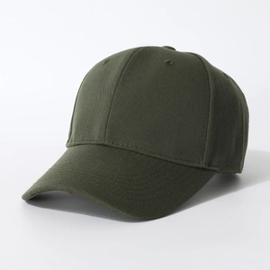 Detail of dark green cotton baseball cap showing six-panel stitch and curved brim texture