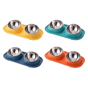 Double stainless steel pet bowls with non-slip base in yellow, cyan, blue and orange colors