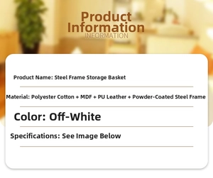Polyester cotton storage bin specifications showing steel frame and PU leather details