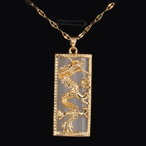 Gold-plated dragon necklace with white jade-like rectangular pendant and zircon micro-inlay