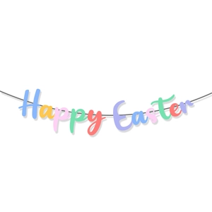 Close-up of colorful Happy Easter banner with vibrant paper letters on grey string