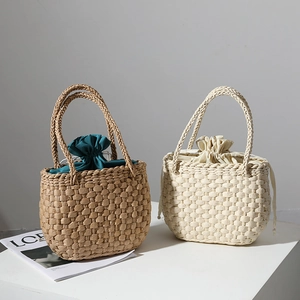 Sac À Main En Paille Tissée Été Plage Panier Avec Doublure À Cordon Style Rétro Pour Femmes Léger Casual