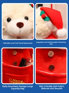 Detail of Christmas bear plush storage bag with festive embroidery and soft fabric textures