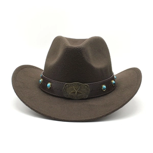 Detail of a brown wool western cowboy hat with leather band and turquoise star button