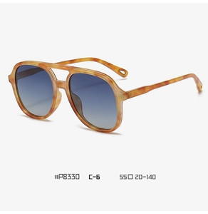 Detail of aviator sunglasses with tortoise frame, double bridge, and blue gradient lenses
