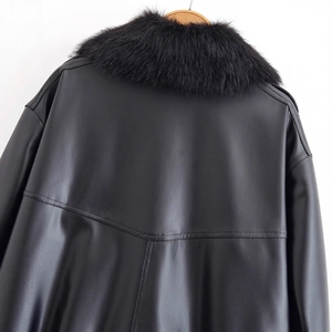 Back view of black faux leather jacket with fur collar on white background
